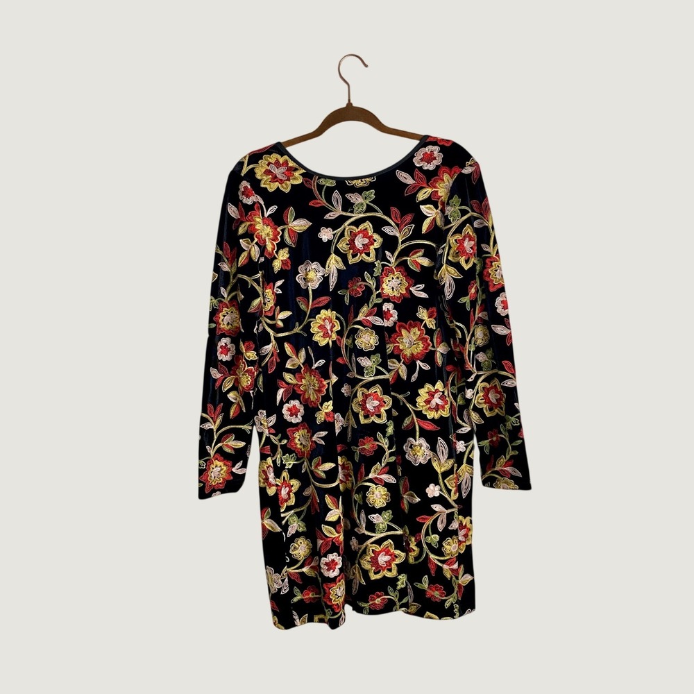 Uncle Frank Floral Embroidered Velvet Dress Boho Long Sleeve Shift Tunic
